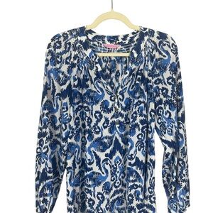 Lilly Pulitzer Elsa Silk Top Blouse Beach Bathers Flamingo Print Blue Size Large